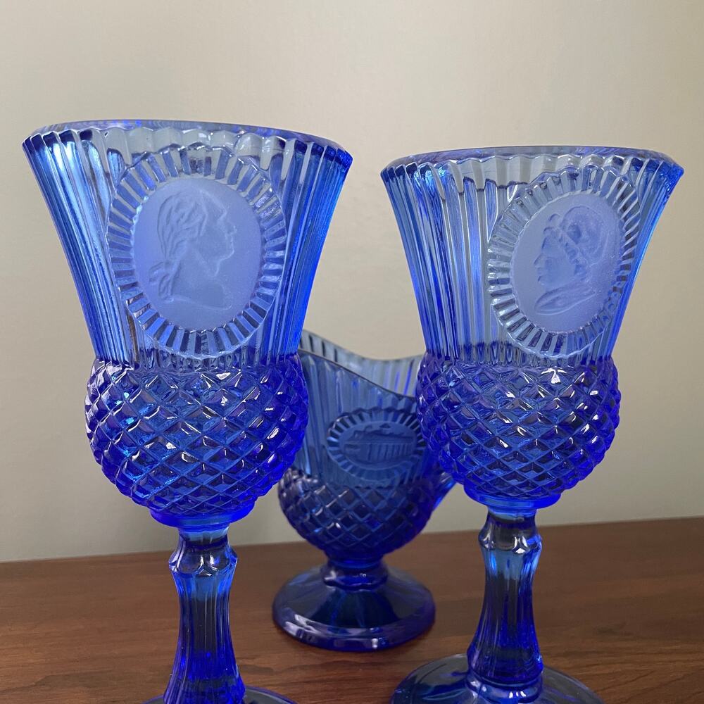 Vintage Avon Fostoria Cobalt Blue Goblets and Creamer Set - George Washington